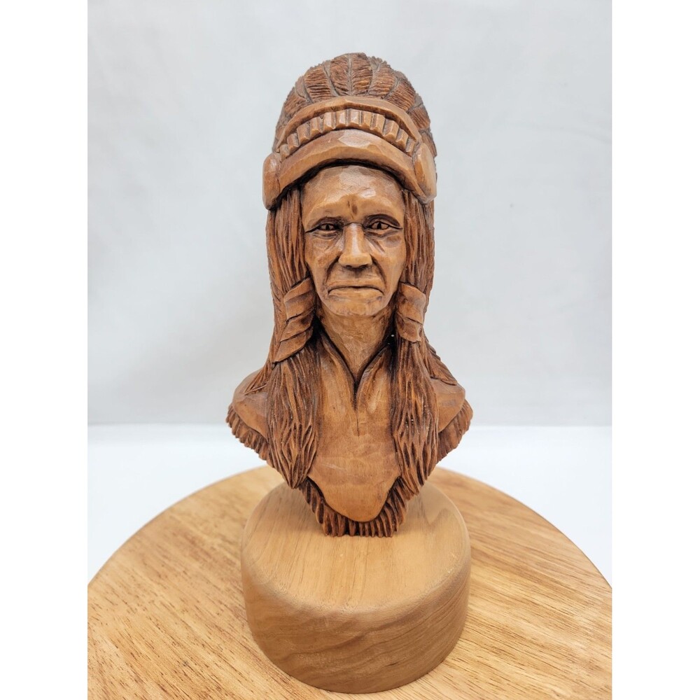 Handcarved Wooden Native American Indian Chief Head 9.5" Tall Artist Signed